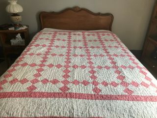 Vintage/antique Pink And White Hand Pieced And Hand Quilted Quilt 9 Spi