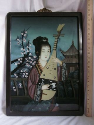 Vintage Reverse Glass Painting Asian Oriental Chinese Art Woman Music Instrument