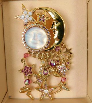 Vintage Signed Kirks Folly Rhinestone Moon Star Fairy Dangle Brooch Pin