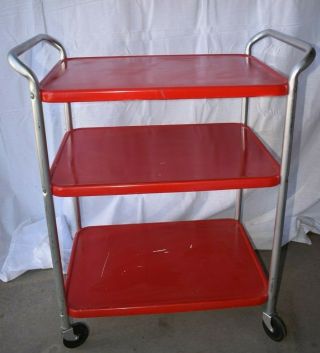 Vintage 3 - Tier Cosco Metal Red Chrome Kitchen Rolling Cart Retro Home Decor