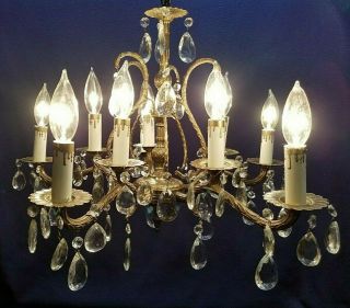 Petite French 10 Light Double Tier Vintage Cast Spanish Brass Crystal Chandelier