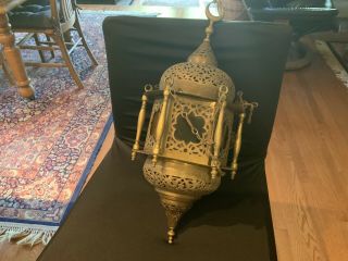 Vintage Moroccan Style Cut Pierced Brass Pendant Hanging Lantern 21”h,  24”d