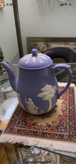 Vintage Wedgwood Jasperware Teapot Coffee Pot,  Light Blue And White,  7 "