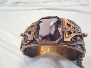 Stunning Vintage Art Deco Wide Ornate Bangle Bracelet With Amethyst Glass Stone