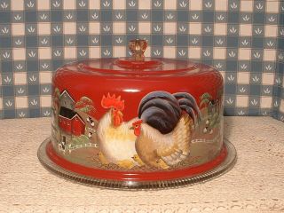 Vintage Aluminum Cake Cover & Glass Dish Rooster Country Farms Folk Art Painted