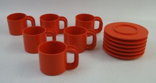 Vtg Heller Stacking Melmac Melamine Orange Plastic Mugs & Saucers Set Of 6 Guc