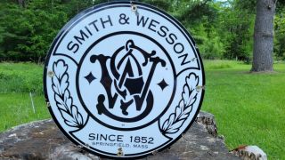 Vintage Old Dated 1949 Smith And Wesson Porcelain Gun Sign Ammunition Ammo