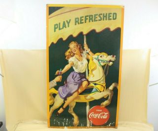 Vintage Coca - Cola Sign Woman On Carousel Cardboard Advertising Pop Bottle Sign