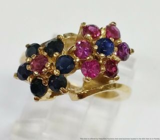 Vintage 14k Gold Flower Motif Natural Ruby Sapphire Cluster Ring Size 4.  5
