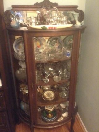 Antique Oak China Cabinet Curved Glass With Mirror