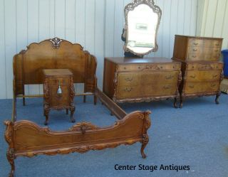 61870 Antique French Bedroom Set High Chest Dresser Bed Nightstand