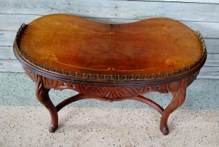 Vintage French Inlaid Floral Carved Wood Kidney Side Coffee Table
