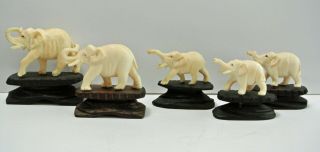 Vintage Hand Carved Elephant Figurine W/ Wooden Base Qty 5