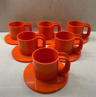 Vintage Mcm Orange Heller Vignelli Stacking 6 Cup / Saucer Set.  Made In Italy