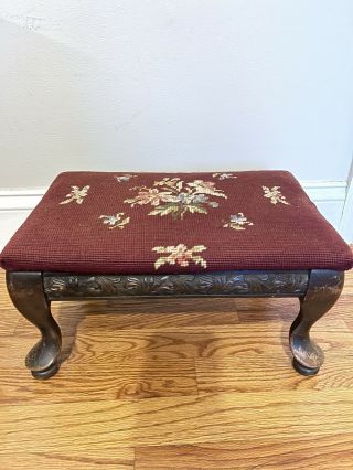 Antique French Country Needlepoint Foot Stool Vintage Cross Stitch Step Stool