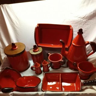 14 Pc Vintage Metlox Poppytrail Red Rooster Bread Pan,  Canisters,  Tea Pot,  Sugar