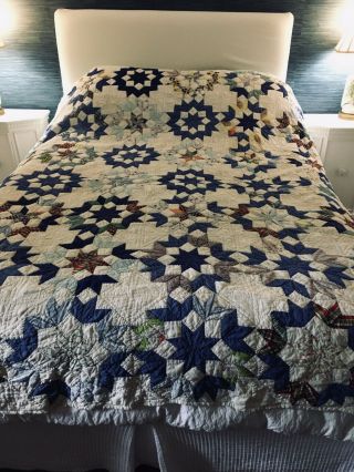 Vintage Handmade Eight Point Star Patchwork Quilt 82x74” Cobalt Blue