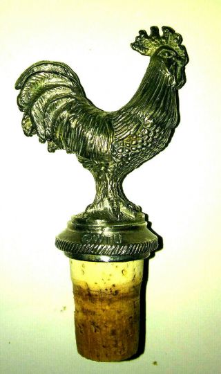 Vintage Rooster Cock Wine Bottle Stopper Cork Pewter Carved Bar Gift Signed Stam