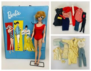 1961 Barbie Doll Bubble Cut 850 Red Flare After 5 Clothing Outfits,  Case Stand