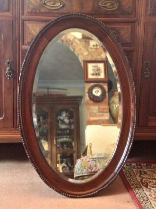 Antique Large Oval Mirror In Oak Frame Wall Mounted,  Early 20th Century