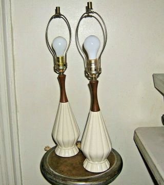 Vintage Pair Mid Century Danish Modern Ceramic & Walnut/teak Wood Table Lamps
