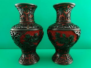 Pair Vintage Chinese Carved Black Red Cinnabar Blue Enamel Floral Vases