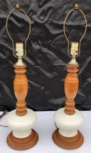 Vintage Mid Century Modern Teak Wood And Glass Lamps