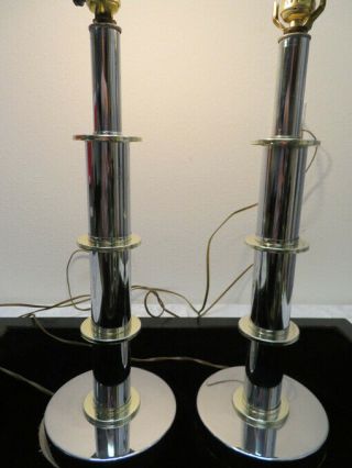 Pair Mid Century Modern Segmented Chrome Brass Column Table Lamps Atomic