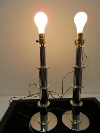 PAIR Mid Century Modern Segmented Chrome Brass Column Table Lamps ATOMIC 2