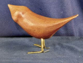 Vintage Danish Modern Teak Bird Sculpture With Brass Feet
