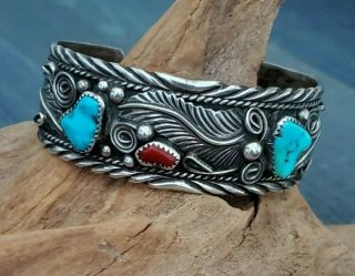 Native American Vintage Old Pawn Bracelet Turquoise Coral Signed M.  Thomas Jr