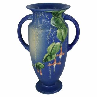 Vintage Roseville Pottery Fuchsia Blue Handled Vase 899 - 9