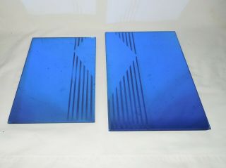 2 Vtg Art Deco Blue Glass Vanity? Mirrors 6 " X10 " & 7 " X12 " Chevron Design