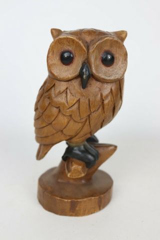 Vintage Mid Century Styled Carved Wooden Owl Bird Statue Decor Painted - 9 " Tall