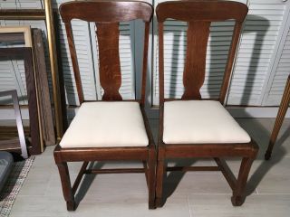 Vintage Antique Tiger Oak T Back Wood Chairs With Cushions