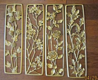 Vintage Mcm Syroco Gold Wall Plaques 4 Season Flowers Dart 1954 Set Of 4 4776