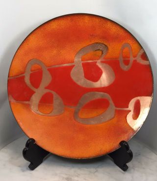 Mid Century Modern Large Art Enamel On Copper Plate Orange Bowl Plaque 13.  5”