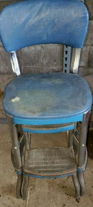 Blue & Chrome 2 Step Cosco Vtg.  Stool Kitchen Chair Vinyl Seat Back Rest