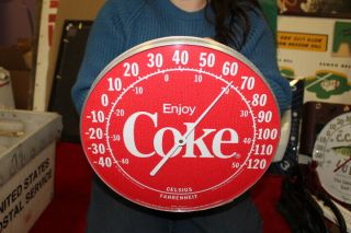 Vintage Coca Cola Coke Soda Pop Gas Station 12 " Metal & Glass Thermometer Sign