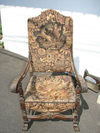Antique Upholstered High Back Arm Chair W/ Carved Arms & Base For Restoration