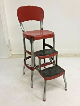 Vintage Cosco Step Stool Metal Industrial Folding Steel Chair Retro Bar Red 50s
