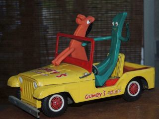 Vintage 1960s Gumby Jeep Tin Lithograph With Lakeside Pokey And Gumby