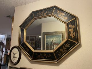 Ethan Allen Black Hand Painted Floral Large Oval Wall Mirror