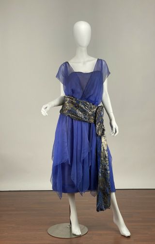 Authentic1920s Antique Blue Silk Chiffon Dress With Lamé Brocade Figural Belt