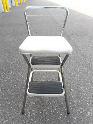 Vtg Mid Century Cosco Kitchen Step Stool Chair Flip Seat Chrome Cream/white Seat