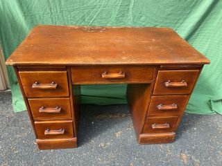 Antique H.  T.  Cushman Solid Maple Kneehole Desk 7 Drawer 30 