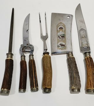 Vintage Rostfrei Stag Handle Carving Set X5 Etched Detailed Kuno Ritter Knife