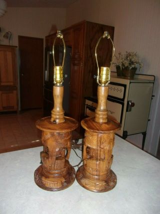 Vtg Rare Htf Mcm Pair Hand Carved Wood " Tiki " Bar Table Lamps Lights 3d 23.  5 " T