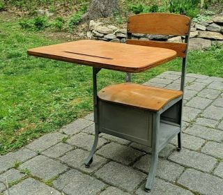 Vintage Wood And Metal School Desk - Gray And Wood,  Elementary School Desk