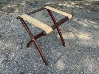 Vintage R.  R.  Scheibe Wood Folding Luggage Rack Suitcase Tapestry Straps Usa